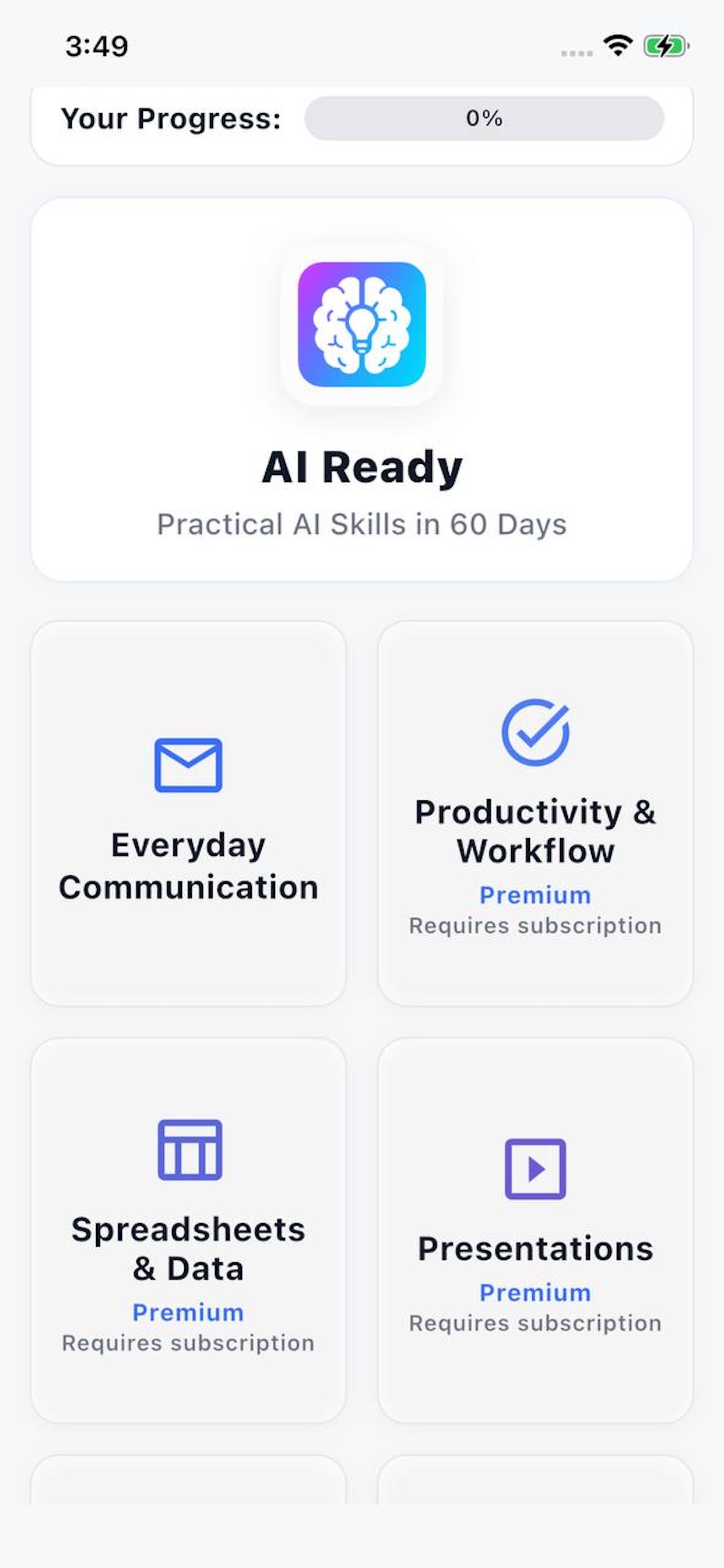 AI Ready app home screen showing practical AI skill tracks for professionals